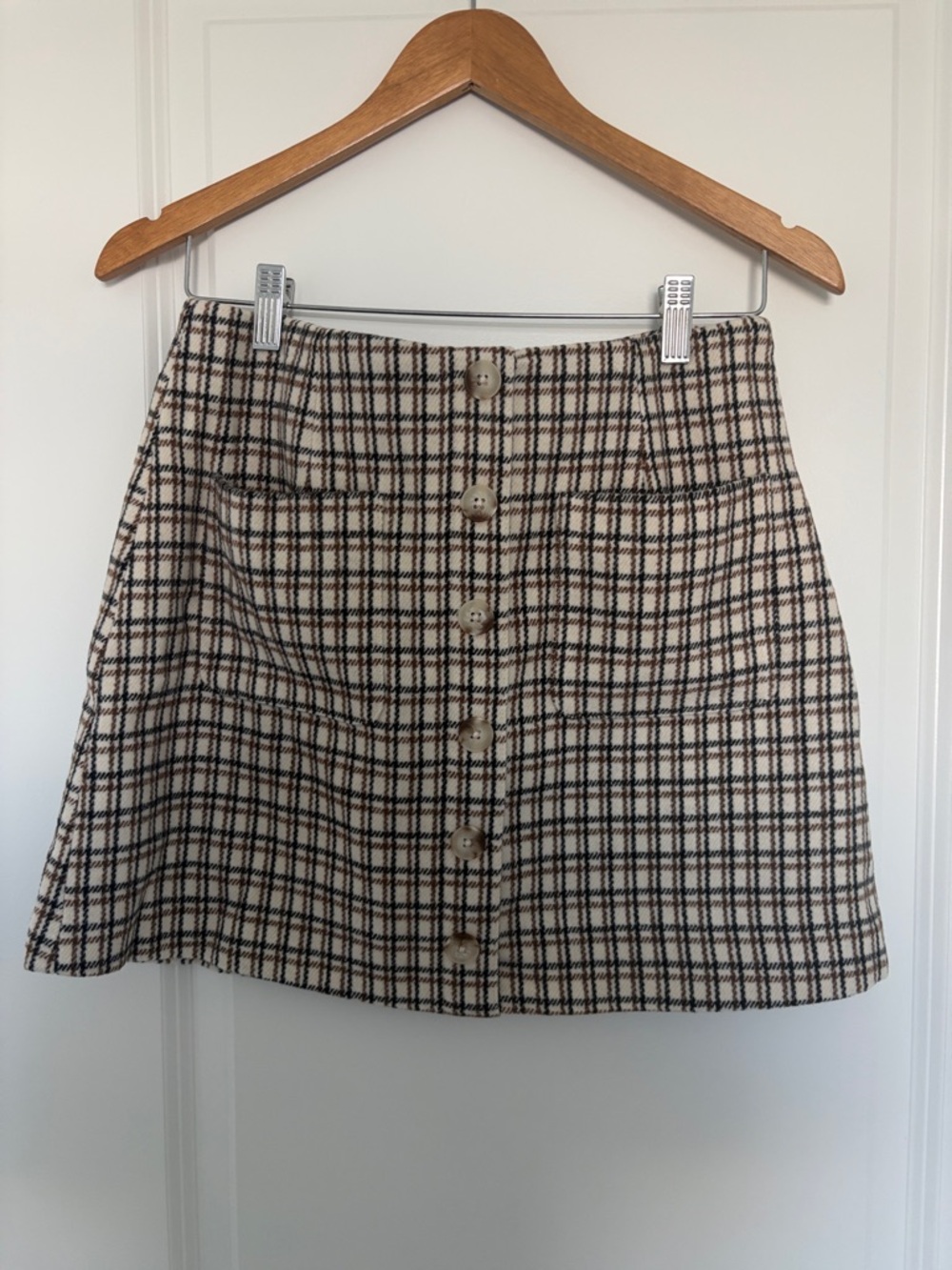 French Connection Cream and Black Plaid Button-Front Mini Skirt